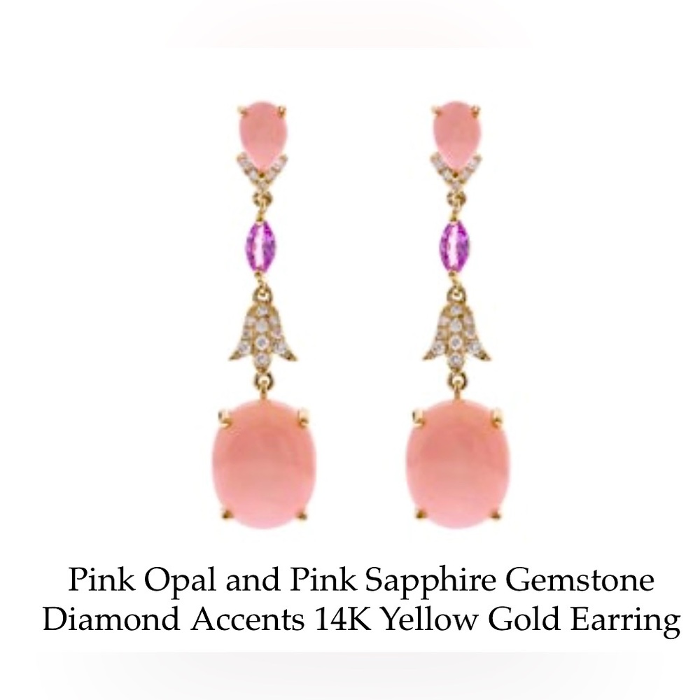 Pink Opal and Pink Sapphire, diamond and yellow gold drop Gin and Grace earrings